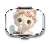 Cat Pink White Flower Pill Case Box with 2 Compartment Medicine Vitamin Organizer for Purse Pocket 5.5x4cm