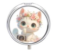 Cat Pink White Flower Pill Case Box with 3 Compartment Medicine Vitamin Organizer for Purse Pocket 5x5cm