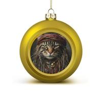 Cat Pirate Braids Christmas Tree Ornaments 1.6 Inch Shatterproof Pc Plastic Balls with Lanyard Baubles Hanging Christmas Ball Ornaments for Xmas Tree Holiday Party Wedding Home Decorations-Golden