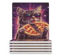 Cat Pizza Square Ceramic Coaster Set with Non-Slip Cork Base Drink Coasters Tabletop Protection for Home Kitchen Bar