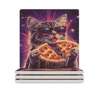 Cat Pizza Square Ceramic Coaster Set with Non-Slip Cork Base Drink Coasters Tabletop Protection for Home Kitchen Bar