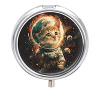 Cat Planet Space Pill Case Box with 3 Compartment Medicine Vitamin Organizer for Purse Pocket 5x5cm