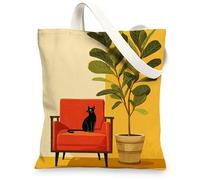Cat Plant Canvas Tote Bags, Modern Minimalistic Animal Design Reusable Shopping Bags, Chic Eco-Friendly Lightweight Washable Canvas Bags for Daily Use 13x15 Inch