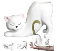 Cat Planter 6x4" Realistic Cat Vase with Sleepy Face White Ceramic Cat Flower Pot with Draining Hole Ventilated Cute Vase for Home, Office, Hotel