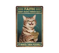 Cat Planting: Faith Doesn't Make Things Easy, It Makes Them Possible Inspirational Metal Tin Sign Vintage Style Decorative Plaque with Garden & Cat for Home Office Encouragement 8x12 Inches
