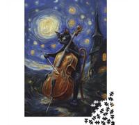 Cat Playing Cello Under Starry Night 1000-Piece Adult Jigsaw Puzzle, 70x50cm/1000pcs, Low-dust White Pieces for Sorting; for A Quiet Evening Project at Home