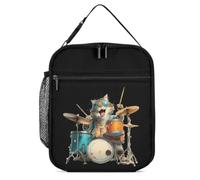 Cat Playing Drums Insulated Lunch Bag Portable Lunchbox Tote Bags for Work Picnic