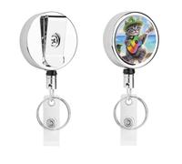 Cat Playing Guitar Beach Bird Cute Retractable Metal ID Badge Holder Reel Clip Keychain for Office Work