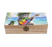 Cat Playing Guitar Beach Bird Decorative Wooden Storage Box with Hinged Lid And Front Clasp Keepsakes Chest
