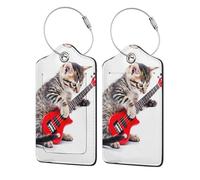 Cat Playing Guitar Leather Luggage Tag 2 Pcs with Name Id Tag and Stainless Steel Ring for Women Men Luggage Handbags