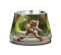 Cat Playing Skateboard Dog Raised Bowl, 540 ML Feeding Food Pet Bowl Stainless Steel Non-slip High Capacity Cat Bowl