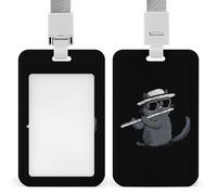 Cat Playing The Flute Fashion ID Badge Holder Sliding Vertical Name Tag Card Protector with Lanyard