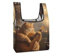 Cat Playing The Guitar Funny Reusable Grocery Bag Printed Fold-able Shopping Bags Washable Tote Lightweight Storage Pouch with Handle