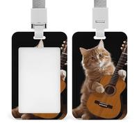Cat Playing The Guitar ID Badge Holder Durable ABS Plastic Card Case Protector with Lanyard,Push-Pull Slot,Stylish Lanyard ID Card Holders for Office Corporate Use