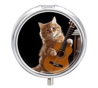 Cat Playing The Guitar Pill Box Portable Mini Travel Pill Organizer Holder 3 Compartment Decorative Round Pills Case Exquisite Daily Vitamin Container for Cod Liver Oil