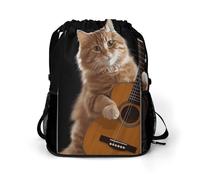 Cat Playing The Guitar Sports Drawstring Backpack,Packsack with Shoe Compartment And Wet Proof Pocket for Youth