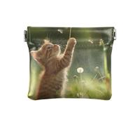 Cat Playing with Dandelions Squeeze Coin Purse Pouch Change Holder PU Leather Mini Wallet Coin Pocket for Women Girls Men