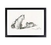 Cat Playing with Kittens by Gottfried Mind Framed Print | A2 Black Framed Wall Art | Ready to Hang | Modern Animal Picture | Living Room Bedroom Lounge Office