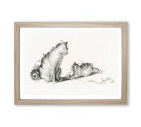 Cat Playing with Kittens by Gottfried Mind Framed Print | A2 Oak Framed Wall Art | Ready to Hang | Modern Animal Picture | Living Room Bedroom Lounge Office