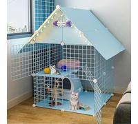 Cat playpen 2-Tier Cat Cages Indoor Large with Litter Box, Folding Metal Cat Crate with Roof and Door - DIY Pet Enclosure for Rabbit, Guinea Pig, Chinchilla(Blu)