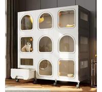 Cat Playpen Collapsible Metal Cage with Detachable Enclosure and Litter Box for Indoor Use, Mobile Design with Wheels