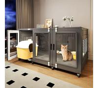 Cat Playpen Large Cage with Wheels, Side Ventilation Wire Mesh, Double Door Design, Exercise Place for 1-2 Cats, Small Animal Kennel
