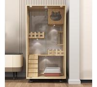 Cat Playpen, Large Space Cat Cage with Wooden Structure, Glass Door, Metal Perforated Board, Includes Ladder and Wheels