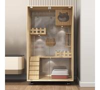 Cat Playpen, Large Space Cat Cage with Wooden Structure, Glass Door, Metal Perforated Board, Includes Ladder and Wheels