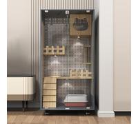 Cat Playpen, Large Space Cat Cage with Wooden Structure, Glass Door, Metal Perforated Board, Includes Ladder and Wheels