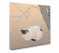 Cat & Plum Blossoms by Hishida Shunso Canvas Print | Gallery Wrapped 30mm Frame Wall Art | 14x14 inches | Ready to Hang | Modern Animals Picture | Living Room Bedroom Lounge Office