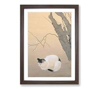 Cat & Plum Blossoms by Hishida Shunso Framed Print | A2 Walnut Framed Wall Art | Ready to Hang | Modern Animal Picture | Living Room Bedroom Lounge Office