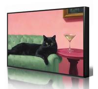 Cat Poster Canvas, Black Cat on Green Couch with Martini Wall Art, Trendy Cocktail Bar Cart Aesthetic Poster, Funky Quirky Cat Fine Art Print, Cute Animal Painting for Wall 8x12in Unframed