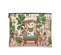 Cat Print Makeup Bag, Fanciful Cozy Home Cosmetic Pouch for Women, Portable Canvas Zipper Organizer, Spring Floral Travel Toiletry Bag, Peach, 7x9 Inch, Cat