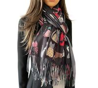 Cat Print Womens Shawl Wrap, Lightweight Cotton Scarf, Spring/Summer/Winter Scarf, Ladies Scarves, Womens Gifts 40th/50th/60th Birthday (Black Tassel)