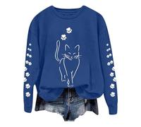 Cat Printed Sweatshirts for Women Crew Neck Ladies Sweatshirts Spring Long Sleeves Pullover Tops (Blue, XL)