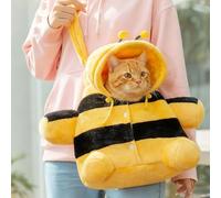 Cat Puppy Plush Outing Backpack, Cute Bear Bee Design Anti-Escape Safety Clip Adjustable Cross-Body Strap Soft Top Hood with Drawstring Foldable Pet Carrier for Dogs and Cats (Large)