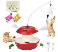 Cat Puzzle Toy Apple-Shaped, Cat Toys Interactive For Indoor Cats, 2-Level Modes & 10 Holes Rechargeable Apple Cat Toy For Indoor Cats, Kittens & Adult Cats To Reduce Boredom (Red,A Feather type)