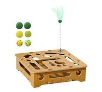 Cat Puzzle Toy, Interactive Cat Toy, Wooden Box with Feathers & Balls, Indoor Hunting Game, Spring Teaser Enrichment Toys for Active Indoor Cats, 28 x 28 x 8.5 cm