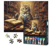 Cat Puzzles Age 15+ for Adults 1000 Pieces Professor Cat in a Library Jigsaw Puzzles 1000 Pieces Surrealist Puzzle for Adults, Impossible Puzzle, 19.5 x 27.5 Inch