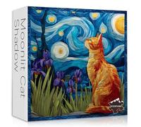 Cat Puzzles for Adults 1000 Pieces, PICKFORU Starry Night Animal Kitten Puzzle, Van Gogh Plant Flower Kitty Challenge Jigsaw Puzzle Scenic