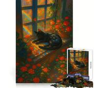 Cat, Rainbow, And Roses by Window Jigsaw Puzzle 1000 Piece for Teenagers Thought Skill Leisure Escape Flawless Fit size 38x26cm