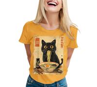 Cat Ramen Funny Graphic Tees Cat Anime T Shirt Blouse Sexy Women, yellow, M