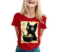 Cat Ramen Funny Graphic Tees Cat Anime T Shirt, red, S