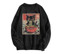 Cat Ramen Japanese Funny Graphic T-Shirts Cute Cat Anime Hoodies Retro Hoodie, black, M