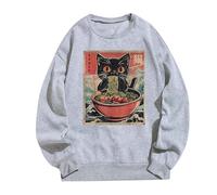 Cat Ramen Japanese Funny Graphic T-Shirts Cute Cat Anime Hoodies Retro Hoodie, Light grey, XXL