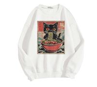 Cat Ramen Japanese Funny Graphic T-Shirts Cute Cat Anime Hoodies Retro Hoodie, White, S