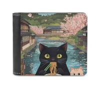 Cat Ramen Noodles Japan Leather Men's Bifold Wallet Minimalist Credit Card Holder Simple Coin Purse with Hidden Slots