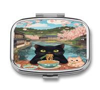 Cat Ramen Noodles Japan Portable Pill Organizer with 2 Compartments Square Medicine Box Compact Travel Pharmacy Case