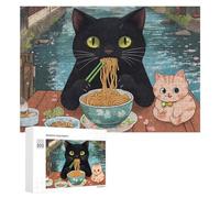 Cat Ramen Noodles Japan Wooden Puzzle Letter on Back Adults Difficult Jigsaw Puzzles for Home Decor Birthday Gift