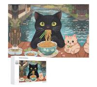 Cat Ramen Noodles Japan Wooden Puzzle Letter on Back Adults Difficult Jigsaw Puzzles for Home Decor Birthday Gift